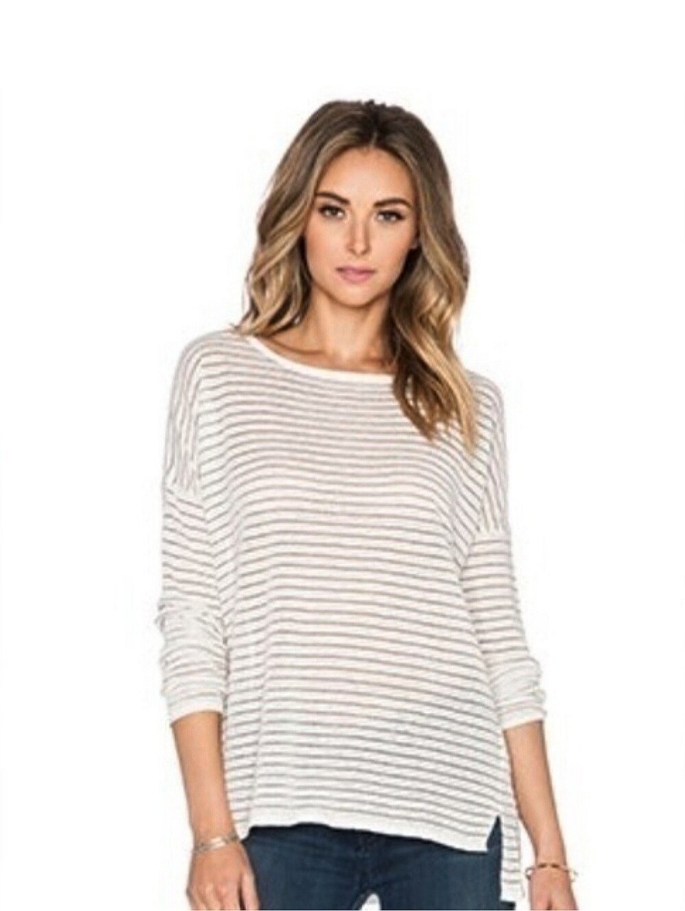 Linen Blend Striped Long Sleeve Top - Cream & Taupe VINCE Sz M